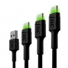 Sarja 3x Kaapeli USB-C Tyyppi C 30 cm, 120cm, 200cm LED Green Cell Ray pikalatauksella, Ultra Charge, Quick Charge 3.0