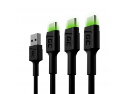 Sarja 3x Kaapeli USB-C Tyyppi C 120cm LED Green Cell Ray pikalatauksella, Ultra Charge, Quick Charge 3.0