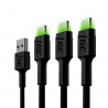 Sarja 3x Kaapeli USB-C Tyyppi C 200cm LED Green Cell Ray pikalatauksella, Ultra Charge, Quick Charge 3.0
