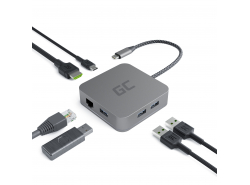 Sovitin HUB USB-C Green Cell 6 in 1 (3xUSB 3.0 HDMI 4K Ethernet) varten Apple MacBook Pro, Air, Asus, Dell XPS, HP, Lenovo X1