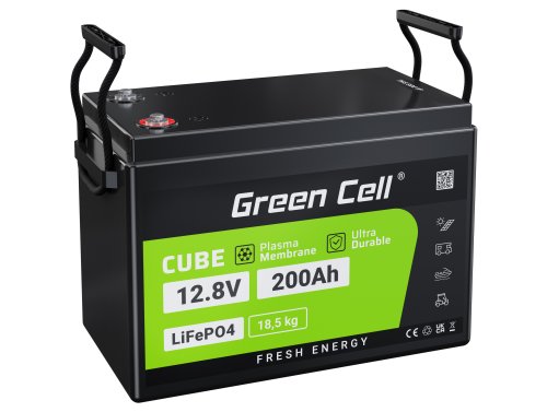 Akku Lithium-Eisen-Phosphat LiFePO4 Green Cell 12V 12.8V 200Ah aurinkopaneeleihin, matkailuajoneuvoihin ja veneisiin