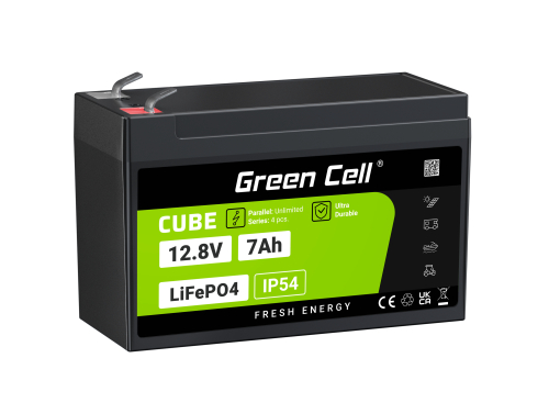 Green Cell CUBE LiFePO4-akku 7Ah 12.8V 89.6Wh Litium-rautafosfaatti UPS:lle, Leluille, Valvontaan, Hälytys, Lelu, CCTV