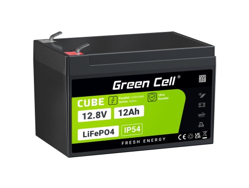 Green Cell CUBE LiFePO4-akku 12Ah 12.8V 153.6Wh Litium-rautafosfaatti Pyörätuoliin, Vesilaitteet, Skootteri, Ruohonleikkuriin