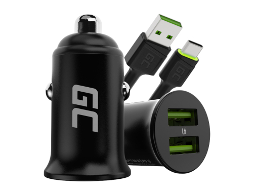 Green Cell Autolaturi USB PowerRide Nano36, 2x USB-A, 36W jossa on Ultra Charge -pikalataus + LED Kaapeli USB-C 120cm