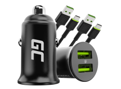 Green Cell Autolaturi USB PowerRide Nano36, 2x USB-A, 36W jossa on Ultra Charge -pikalataus + 2x LED Kaapeli USB-C 120cm