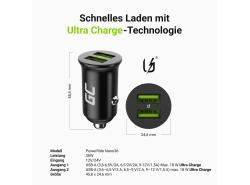 Green Cell Autolaturi USB PowerRide Nano36, 2x USB-A, 36W jossa on Ultra Charge -pikalataus + 2x LED Kaapeli USB-C 120cm