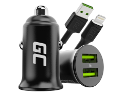 Green Cell Autolaturi USB PowerRide Nano36, 2x USB-A, 36W jossa on Ultra Charge -pikalataus + LED Kaapeli Lightning 120cm