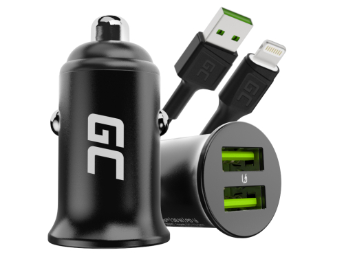 Green Cell Autolaturi USB PowerRide Nano36, 2x USB-A, 36W jossa on Ultra Charge -pikalataus + LED Kaapeli Lightning 120cm