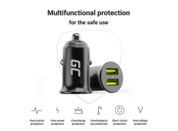 Green Cell Autolaturi USB PowerRide Nano36, 2x USB-A, 36W jossa on Ultra Charge -pikalataus + LED Kaapeli Lightning 120cm