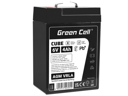 Green Cell CUBE AGM IP54 VRLA 6V 4Ah huoltovapaa akku hälytysjärjestelmään, kassakoneeseen, leluihin, turvavalaistukseen