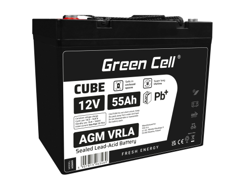 Green Cell CUBE AGM IP54 VRLA 12V 55Ah huoltovapaa akku leikkurin skootterin veneen pyörätuolin golfkärryyn