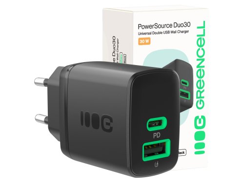 Green Cell PowerSource Duo30 USB/USB-C-laturi, musta, 30 W Power Delivery -virtalähde