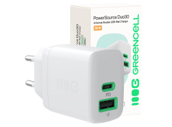 Green Cell PowerSource Duo30 USB/USB-C-laturi, valkoinen, 30 W Power Delivery -virtalähde