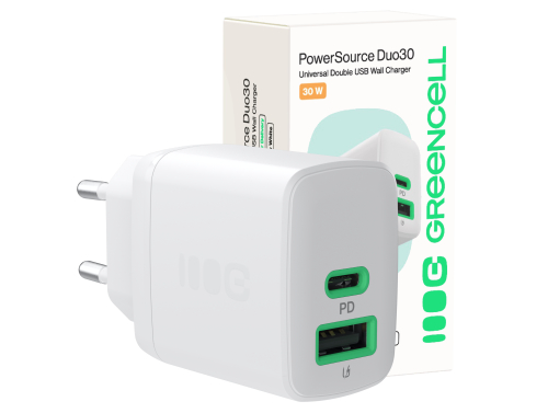 Green Cell PowerSource Duo30 USB/USB-C-laturi, valkoinen, 30 W Power Delivery -virtalähde