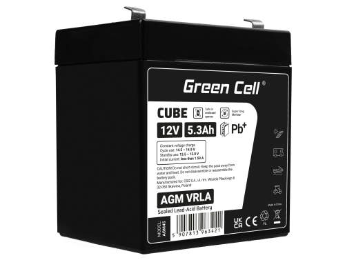 Green Cell® AGM VRLA 12V 5,3Ah huoltovapaa akku hälytysjärjestelmään, kassakoneeseen, leluihin, vaa'oihin, hätävirtalähteeseen