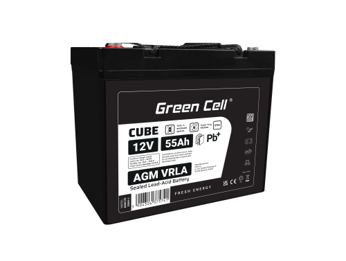 Green Cell CUBE AGM IP54 VRLA 12V 55Ah huoltovapaa akku leikkurin skootterin veneen pyörätuolin golfkärryyn