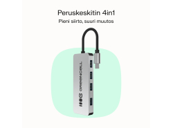 Adapteri Basic HUB Greencell USB-C 4in1 (4×USB-A 3.0) – nopea siirto jopa 5 Gb/s, alumiininen kotelo