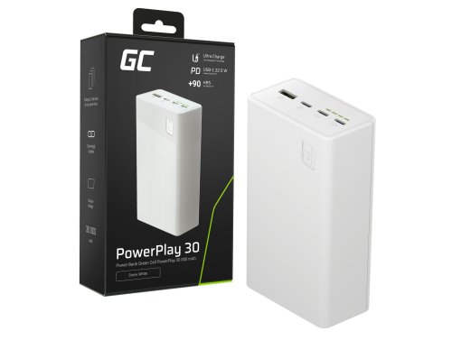 Greencell PowerPlay 30 - valkoinen varavirtalähde, 30 000mAh, 22,5W, 4 porttia